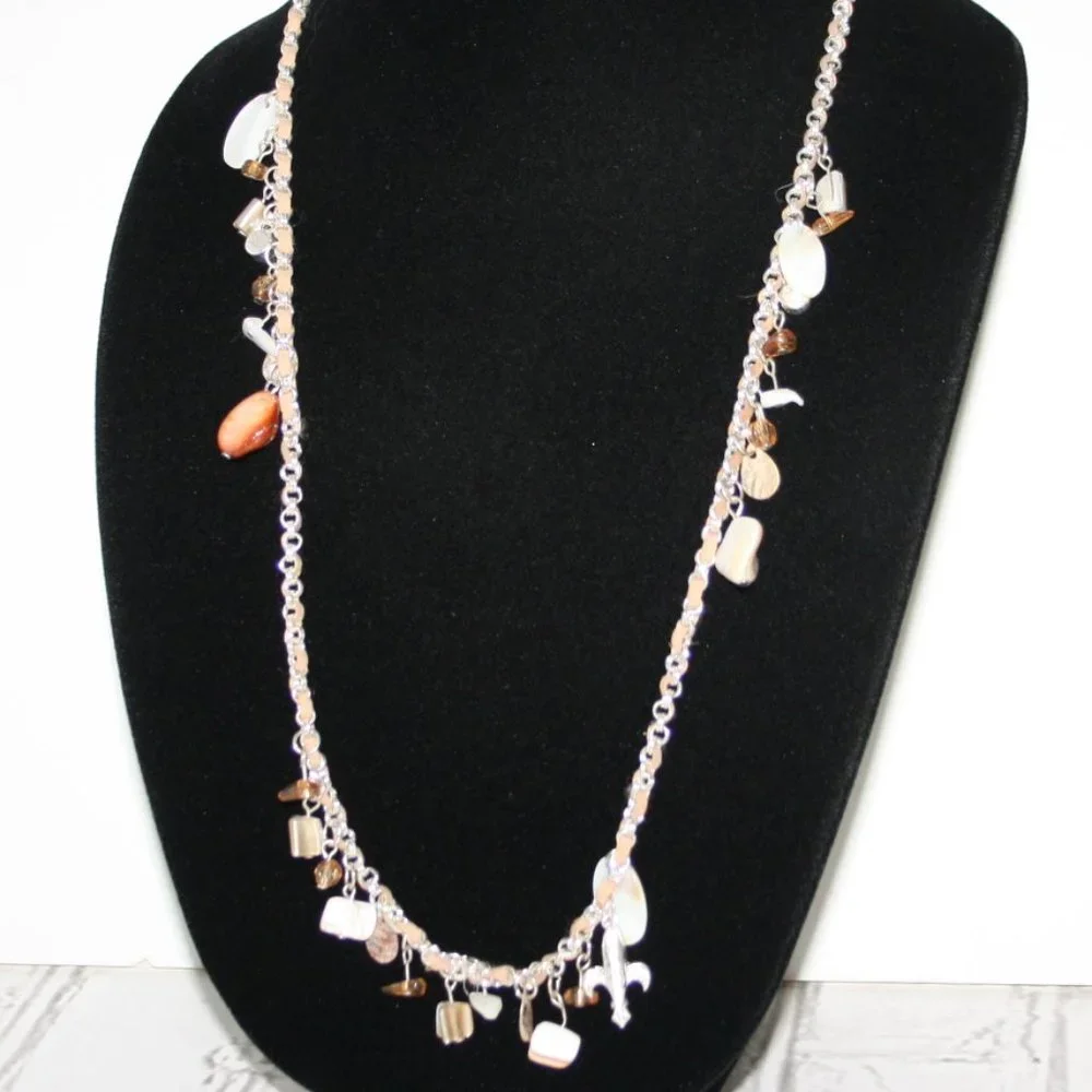 🐚 Silver, Peach & Shell Charm Necklace · 36” Statement Length
